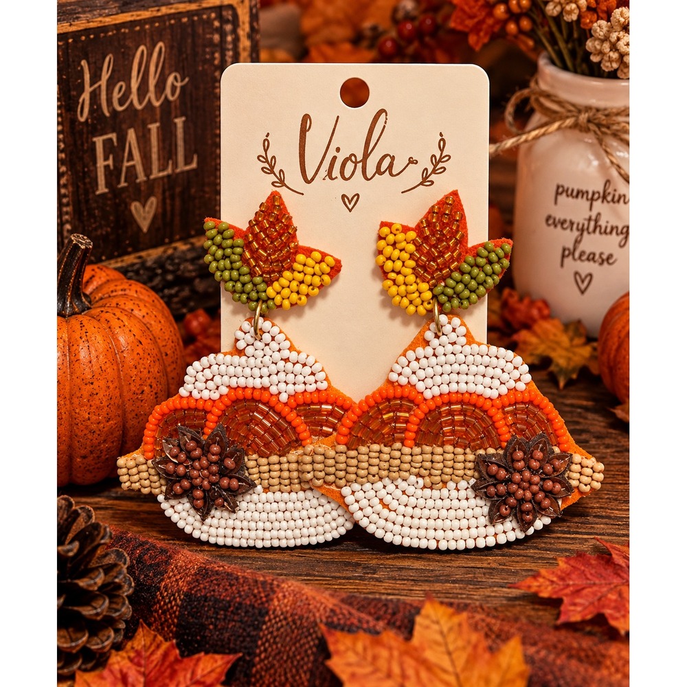 Pumpkin Pie Seed Bead Earrings Thanksgiving Fall Leaf Statement Earrings